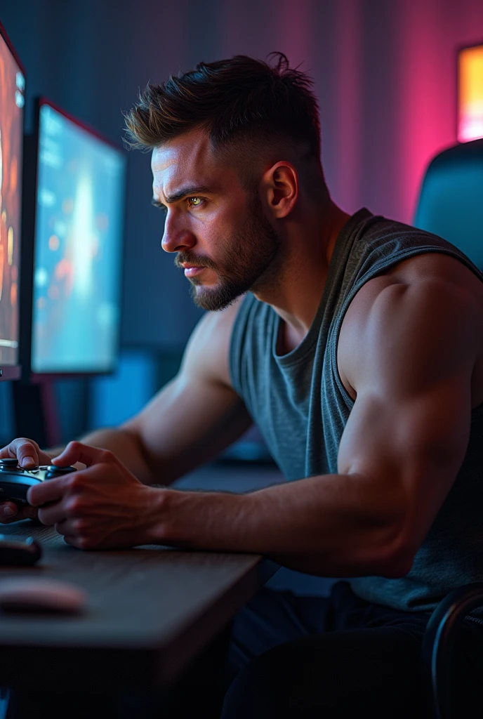 Draw me a person with a good physique playing on a video game console

