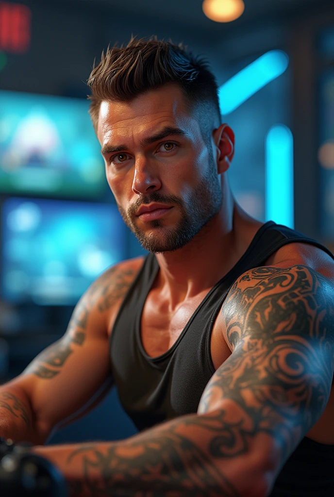 a handsome adult man standing with a tattoo on his right chest named "AYGO" A sexy sixpack young man with a luxurious background that says GENERATION using a unique fluid like neon lights