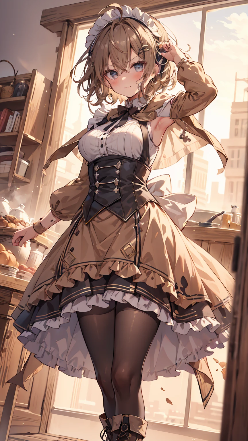 masterpiece, 1 girl, sparrow, a brown haired girl, wearing a maid clothes, curly short hair, messy hair, slim body, he close her left eye, shirt ornament, ruby eyes, ahoge, baby face, beautiful eyes, boots, droopy eyes, her age is 19, short hair, curly hair, MongolPunkAI, view from right down, lend a hand to you, he very close to you, smug smile, rainbow_one, brown tunic shirt, brown flared skirt, maid headband, maid, high quality, 8k, student, big breasts, beautiful breasts, white stocking, long sleeves, brown furry capelet, shsparkle, angry face