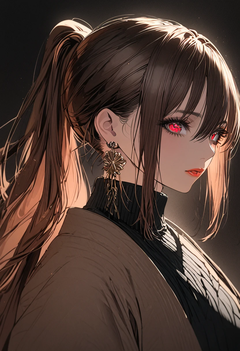 1girl, high ponytail, sunglasses, brown coat, dark turtleneck, small earrings, baggy jeans, plain background, 8k, highres, dramatic lighting, elegant, beautiful detailed eyes, beautiful detailed lips, extremely detailed face, long eyelashes, fashion portrait, ft colors, pastel colors, warm tones, full body shot, whole body, mature female, black high heels, high heels, hutao, long hair, bangs, brown hair, red eyes, hair between eyes, twintails, sidelocks, symbol-shaped pupils, whole body shot
