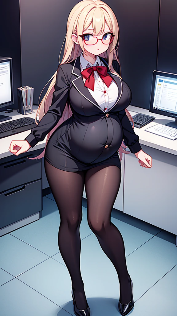(Full body, glasses), An image of a pregnant girl with her belly on full display, huge breasts, office uniform