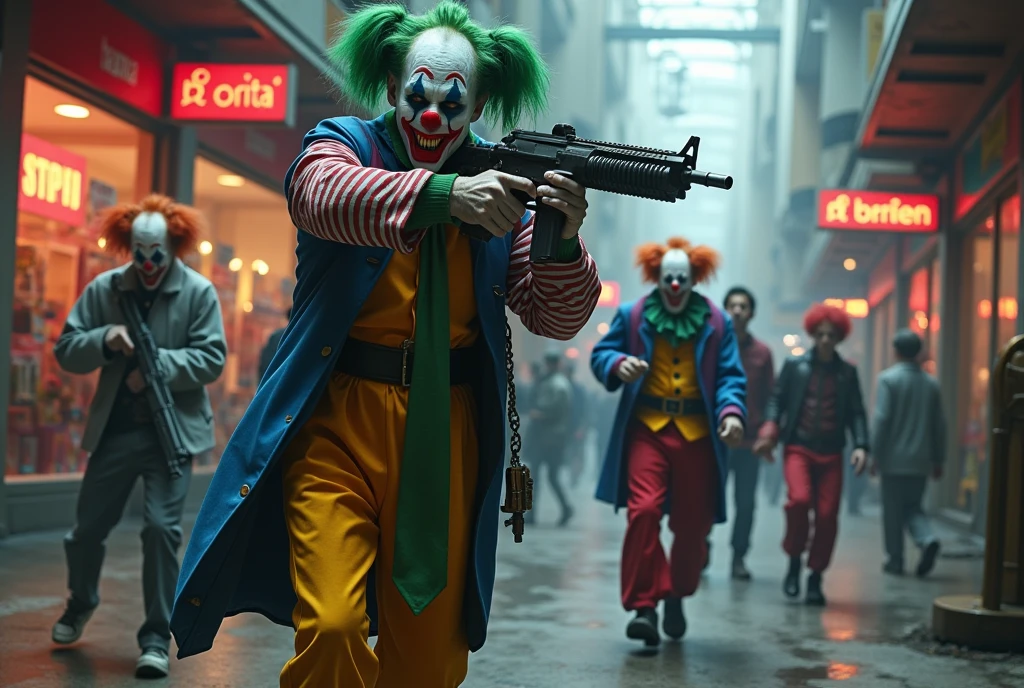 a horde of clown soldiers with machine guns invading a shopping mall, dark dystopian cyberpunk, highly detailed, cinematic lighting, moody atmosphere, gritty realistic, action movie style, dramatic tension, high contrast, neon colors, urban decay, masterpiece