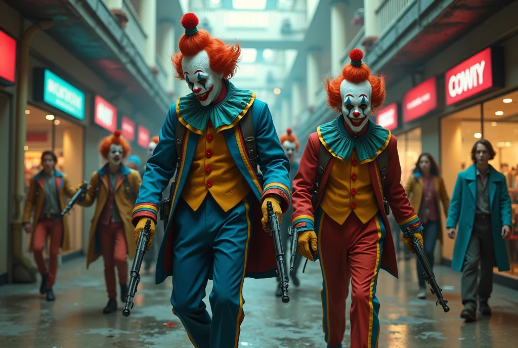 a horde of clown soldiers with machine guns invading a shopping mall, dark dystopian cyberpunk, highly detailed, cinematic lighting, moody atmosphere, gritty realistic, action movie style, dramatic tension, high contrast, neon colors, urban decay, masterpiece