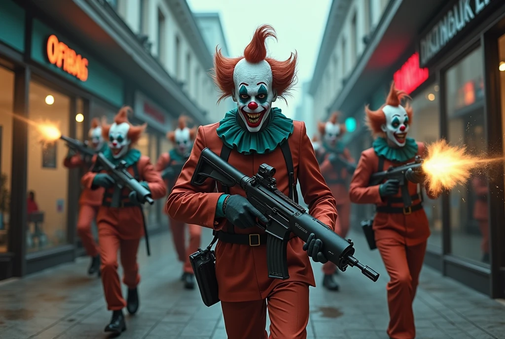 a horde of clown soldiers with machine guns invading a shopping mall, dark dystopian cyberpunk, highly detailed, cinematic lighting, moody atmosphere, gritty realistic, action movie style, dramatic tension, high contrast, neon colors, urban decay, masterpiece