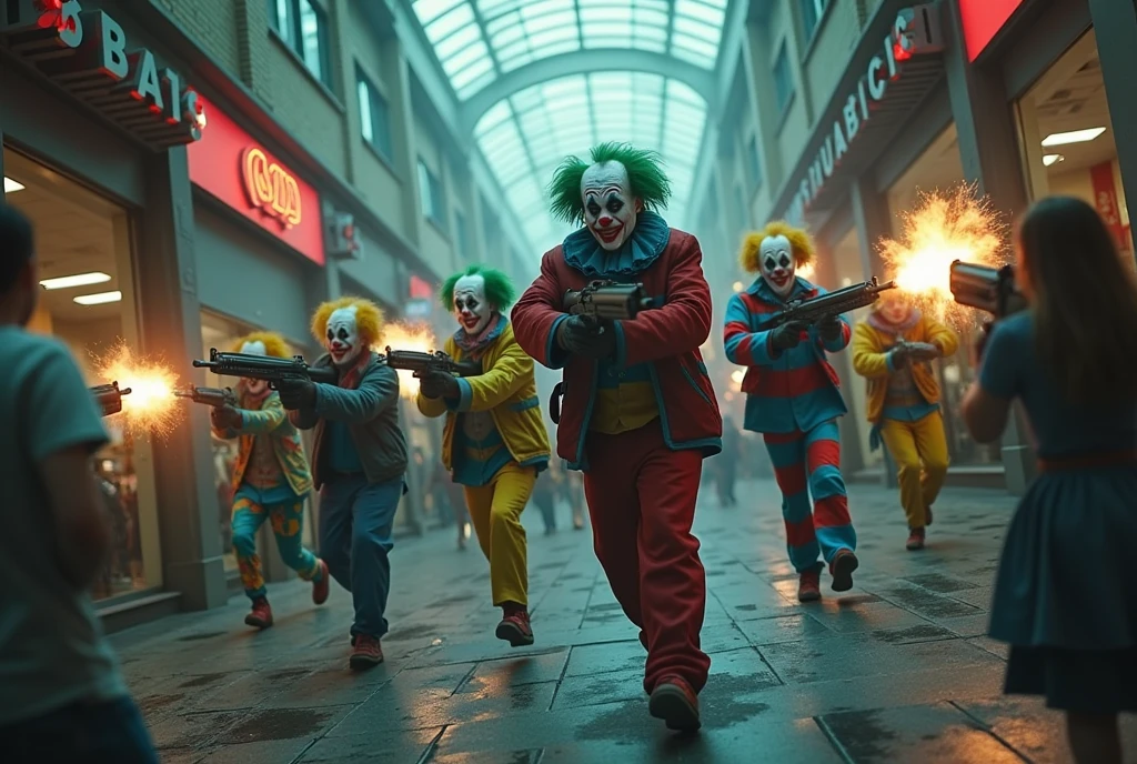 a horde of clown soldiers with machine guns invading a shopping mall, dark dystopian cyberpunk, highly detailed, cinematic lighting, moody atmosphere, gritty realistic, action movie style, dramatic tension, high contrast, neon colors, urban decay, masterpiece