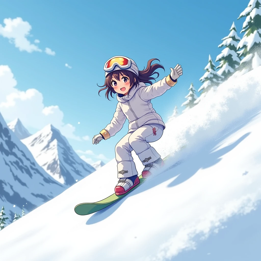 face light,watercolor painted background:,daytime,blurry background,1girl,<lora:takamichi-style-v1_1:1>,takamichi style, looking at viewer,laughing, snowboarding, snow jacket,snow pants,snow boots,goggles on head, snow gloves