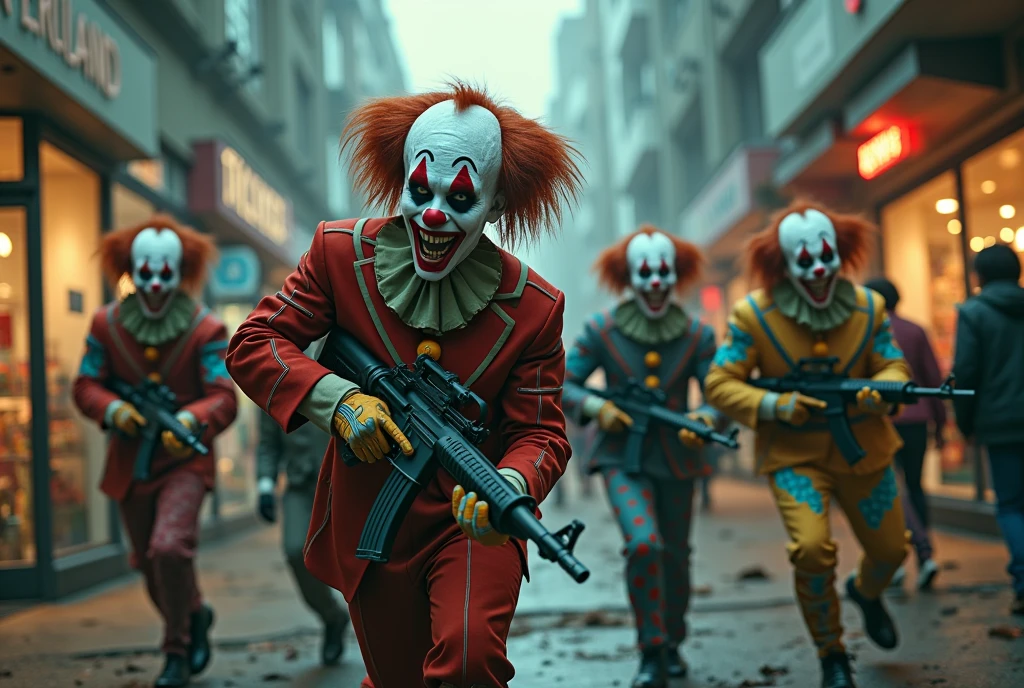 a horde of clown soldiers with machine guns invading a shopping mall, dark dystopian cyberpunk, highly detailed, cinematic lighting, moody atmosphere, gritty realistic, action movie style, dramatic tension, high contrast, neon colors, urban decay, masterpiece
