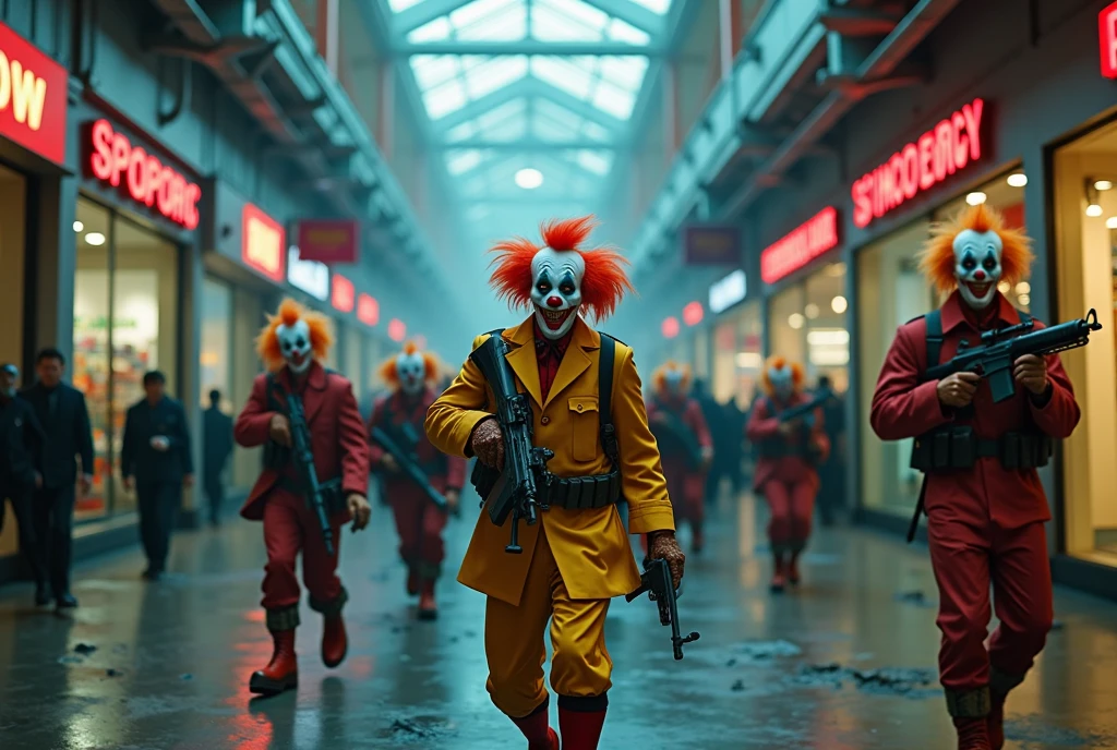 a horde of clown soldiers with machine guns invading a shopping mall, dark dystopian cyberpunk, highly detailed, cinematic lighting, moody atmosphere, gritty realistic, action movie style, dramatic tension, high contrast, neon colors, urban decay, masterpiece
