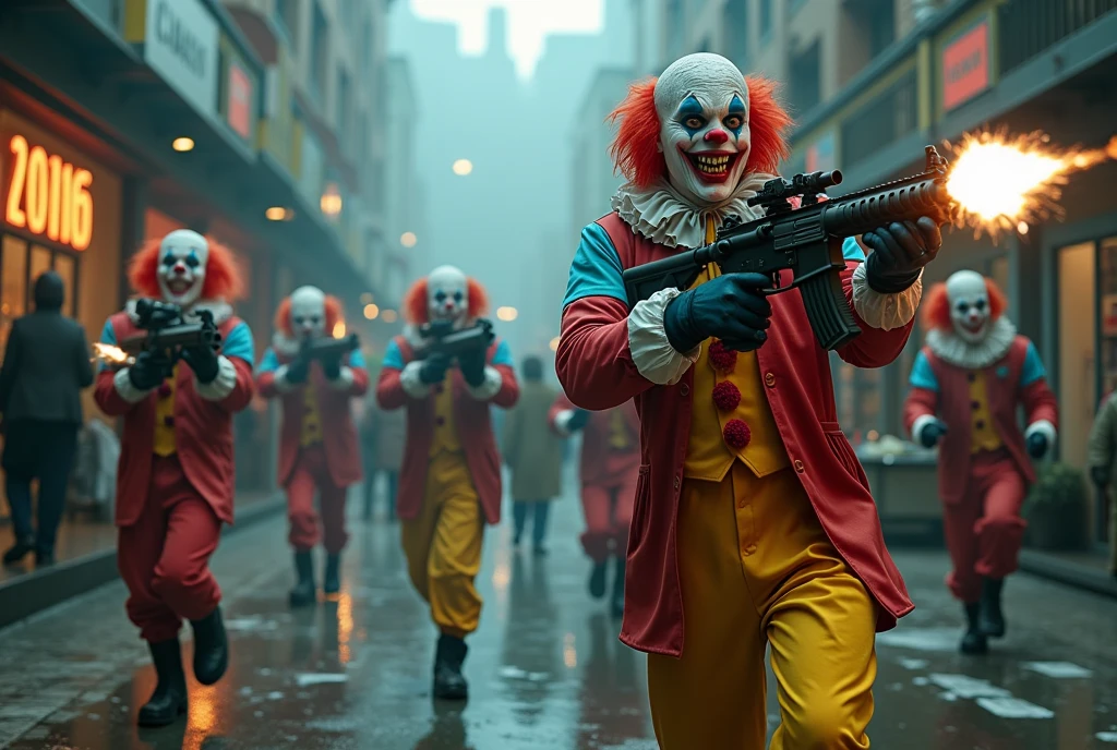 a horde of clown soldiers with machine guns invading a shopping mall, dark dystopian cyberpunk, highly detailed, cinematic lighting, moody atmosphere, gritty realistic, action movie style, dramatic tension, high contrast, neon colors, urban decay, masterpiece
