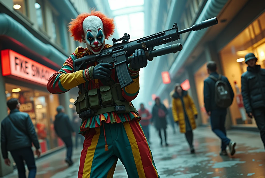 a horde of clown soldiers with machine guns invading a shopping mall, dark dystopian cyberpunk, highly detailed, cinematic lighting, moody atmosphere, gritty realistic, action movie style, dramatic tension, high contrast, neon colors, urban decay, masterpiece
