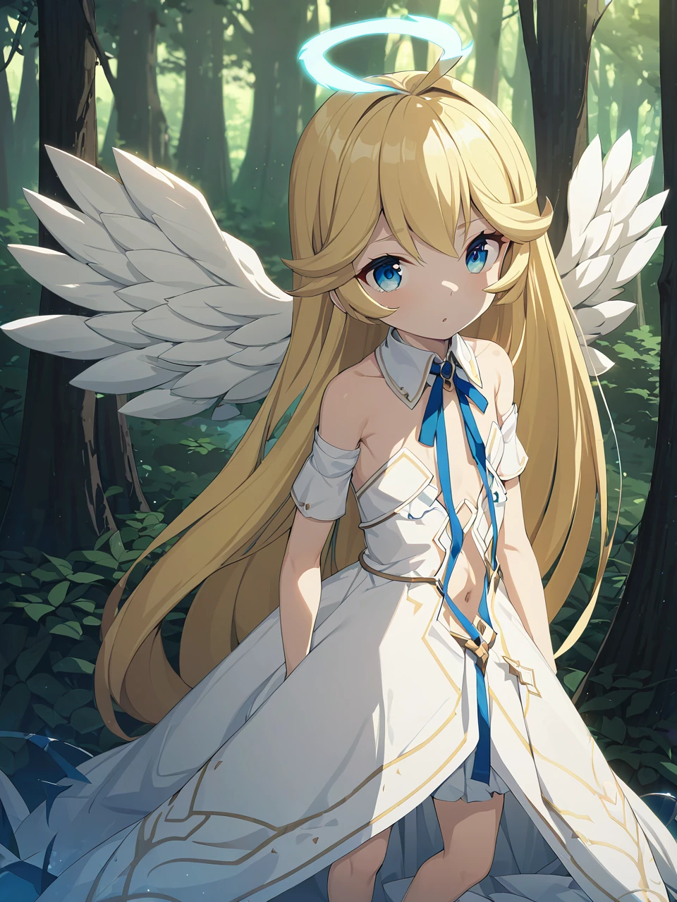 Zaora, blue eyes, (Variegated eyes:0.5), Blonde, Very long hair, Twin Blade, bangs, Ahoge, Hello, Angel, Flat Chest, White Dress, Belly button cutout, Detachable collar, Strapless, Neck ribbon, Bare shoulders, Angel wings, barefoot, One girl, Solo Break Space, forest, Depth of written boundary, Cinematic, masterpiece, Highest quality, Game CG