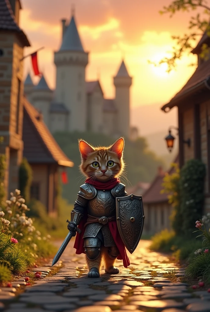 "A medieval knight tabby cat in armor, carrying a tiny sword and shield ...