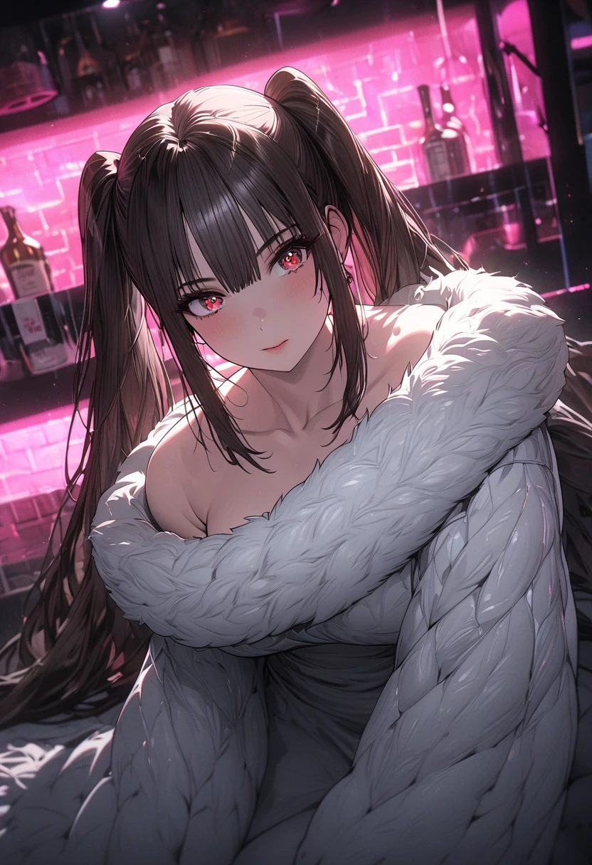 a gorgeous woman in a black leather long dress, off shoulder, wearing a white fur coat, beauty spots, sitting on a chair, in a night bar background, indoor, neon light, vibrant colors, hyper detailed, 8k, high quality, cinematic lighting, dynamic pose, full body shot, hutao, long hair, bangs, brown hair, red eyes, hair between eyes, twintails, sidelocks, symbol-shaped pupils, whole body shot whole body, mature female ,mature female, whole body, large anime eyes, highly detailed eyes, natural skin, natural skin texture, subsurface scattering, muted colors, skin pores, score_9, score_8_up, score_7_up, (sfw), (cowboy shot, dutch angle:1.2), 1girl, solo, mature female
