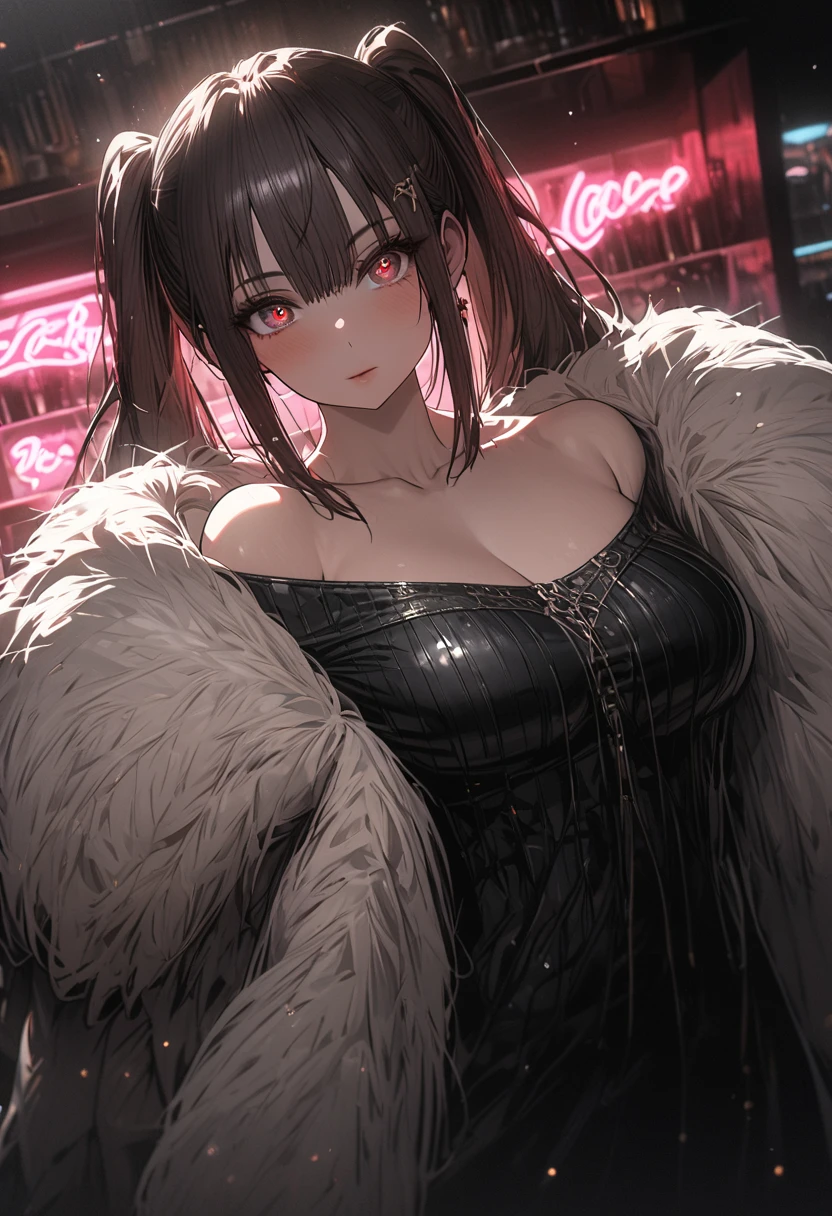 a gorgeous woman in a black leather long dress, off shoulder, wearing a white fur coat, beauty spots, sitting on a chair, in a night bar background, indoor, neon light, vibrant colors, hyper detailed, 8k, high quality, cinematic lighting, dynamic pose, full body shot, hutao, long hair, bangs, brown hair, red eyes, hair between eyes, twintails, sidelocks, symbol-shaped pupils, whole body shot whole body, mature female ,mature female, whole body, large anime eyes, highly detailed eyes, natural skin, natural skin texture, subsurface scattering, muted colors, skin pores, score_9, score_8_up, score_7_up, (sfw), (cowboy shot, dutch angle:1.2), 1girl, solo, mature female
