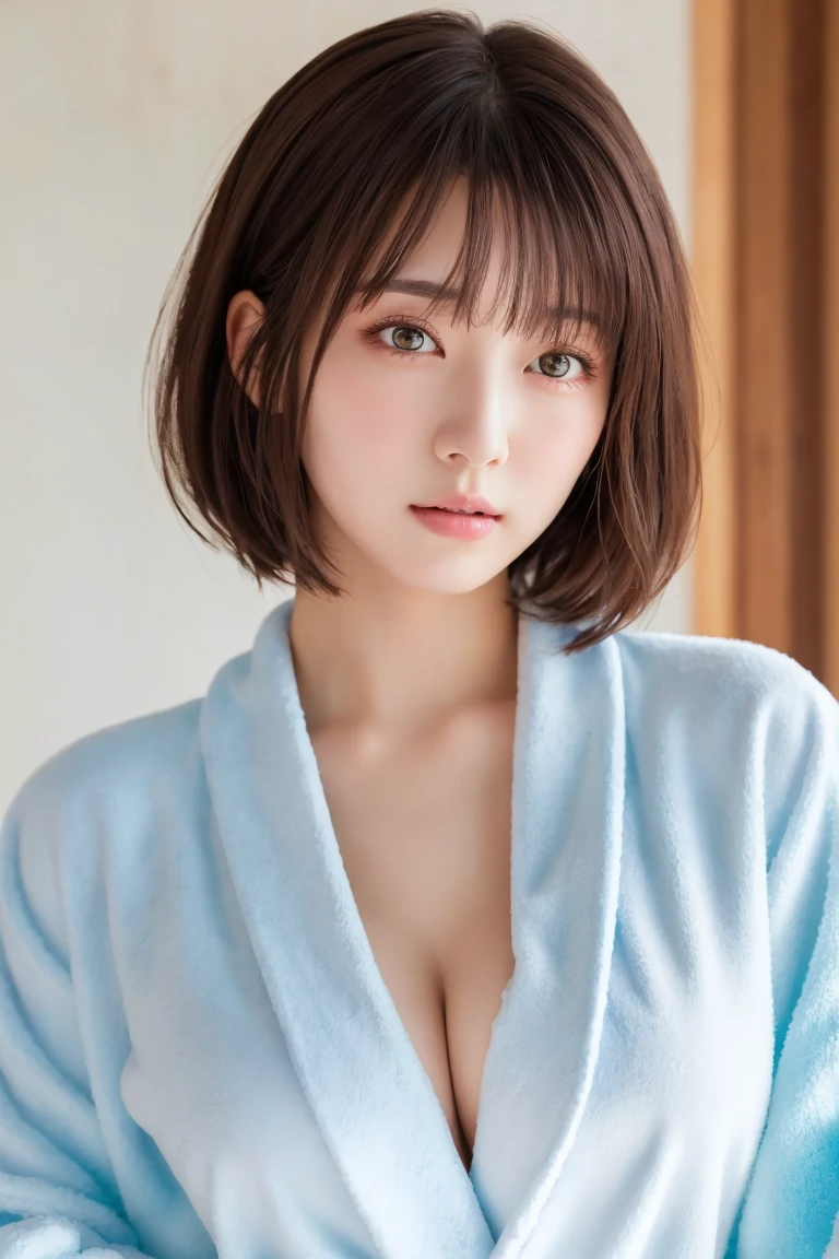 masterpiece, Best Quality,  one woman, ( Light Blue Bathrobe:1.2)、(RAW 写真Best Quality), (reality, reality的:1.4),  sexy、iris、 very detailed eyes and face ,  beautiful and detailed nose, beautiful eyes,  perfect anatomy、 short hair、 cleavage、 shiny skin、 blushes her cheeks、Serious face、 open my lips、 bed、Rear Light 