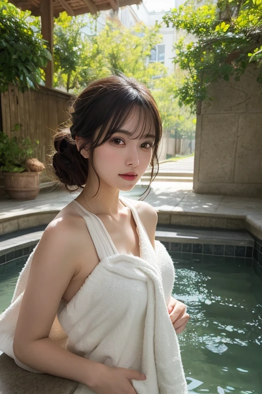 16K, 8K, masterpiece, Top quality, (wrapped in bath towel), ultra-detailed, an extremely delicate and beautiful, (wet skin), (in the bath), (steamy atmosphere), 1 beautiful woman,35mm lens, f/1, (natural lighting:1.1), (upper body shot), hot spring, large chest, A slight smile, Ponytail