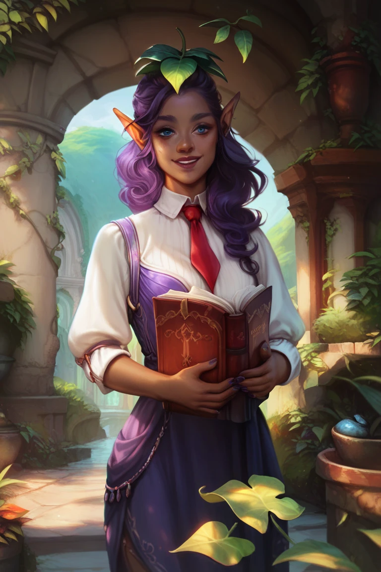 score_9, score_8_up, score_7_up, score_6_up, masterpiece, best quality, 1girl, dark elf, dark blue eyes, dark purple hair, well maintained, dignified, white shirt, red tie, brown skin, pointed ears, leaf on head, dark purple nails, holding a book, gentle smile, garden background, dappled lighting, leaf shadows, beautiful, lovely, 