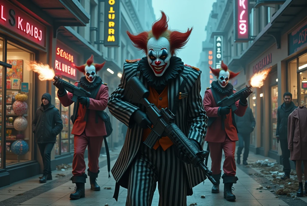 a horde of clown soldiers with machine guns invading a shopping mall, dark dystopian cyberpunk, highly detailed, cinematic lighting, moody atmosphere, gritty realistic, action movie style, dramatic tension, high contrast, neon colors, urban decay, masterpiece,Dark Color、Black and white outfit