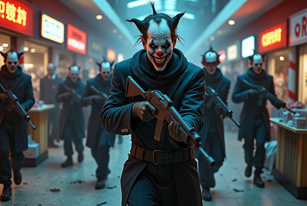 a horde of clown soldiers with machine guns invading a shopping mall, dark dystopian cyberpunk, highly detailed, cinematic lighting, moody atmosphere, gritty realistic, action movie style, dramatic tension, high contrast, neon colors, urban decay, masterpiece,Dark Color、Black and white outfit