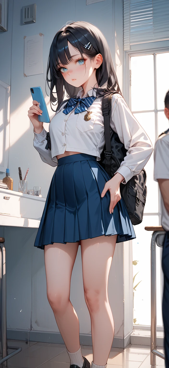 1 woman, available ,High school girl, white uniform, navy blue skirt,The skirt is all navy blue,Black Hair,blush,Eye color is blue