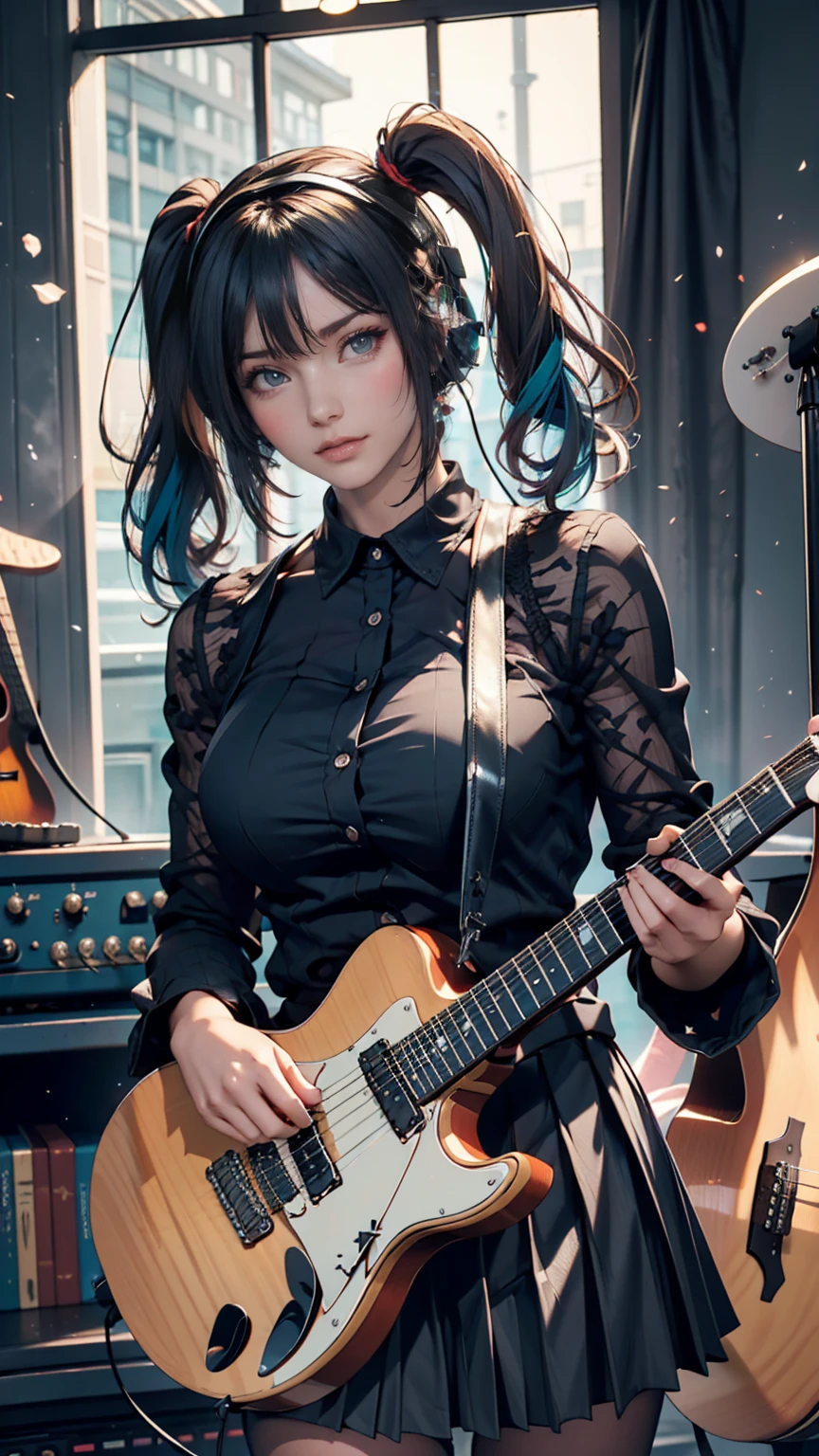 ((masterpiece, Best Quality)) 1 girl, Alone,  black dress,  blue eyes, electric guitar, guitar,  headphones,  twin tails, holding,  picks, With instruments, Long Hair, music,  One side up,  I have teal hair  ,  twin tails, guitarを弾く,  Pleated Skirts,  black shirt, interior