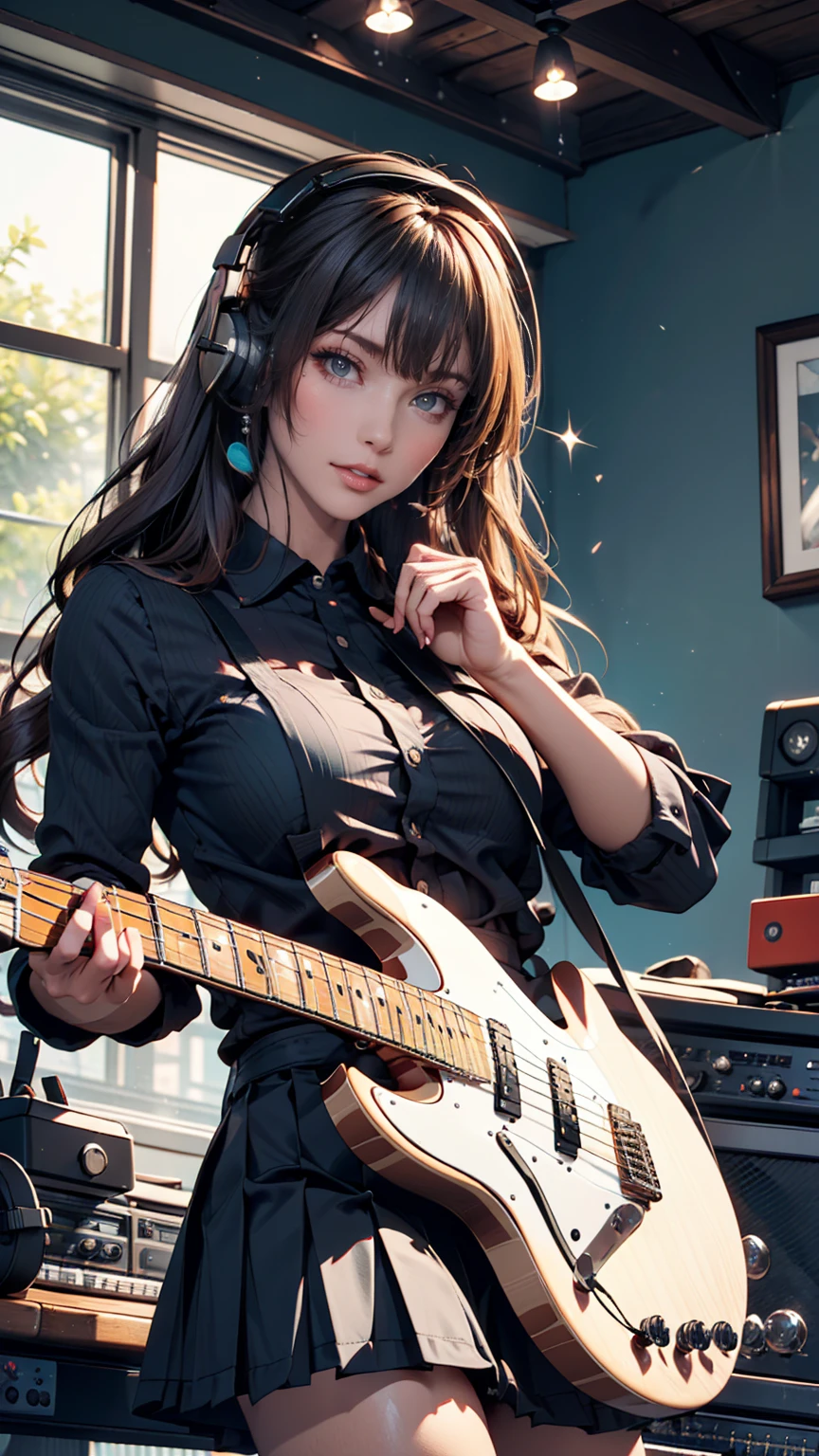 ((masterpiece, Best Quality)) 1 girl, Alone,  black dress,  blue eyes, electric guitar, guitar,  headphones,  twin tails, holding,  picks, With instruments, Long Hair, music,  One side up,  I have teal hair  ,  twin tails, guitarを弾く,  Pleated Skirts,  black shirt, interior