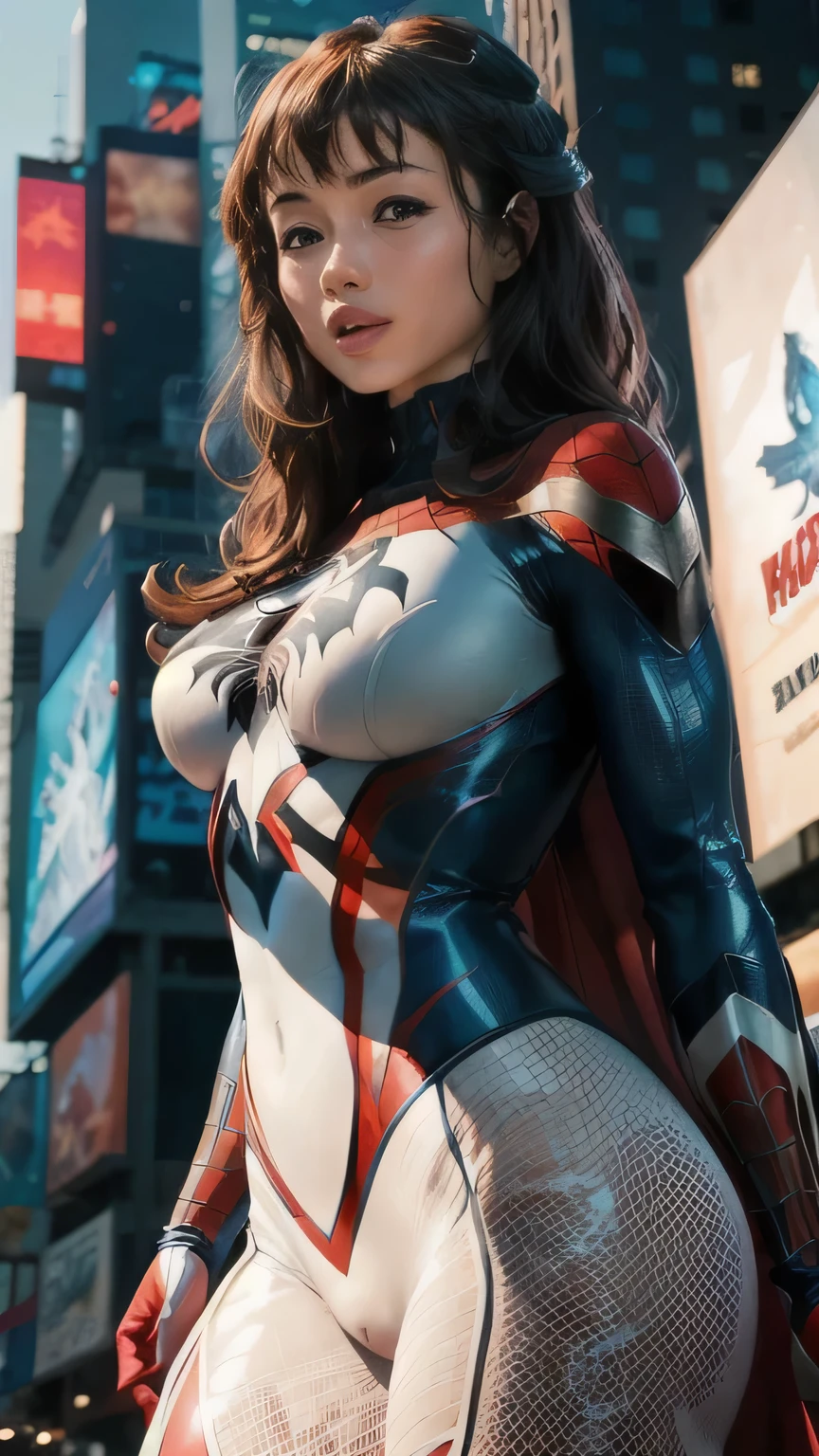 (masterpiece, 4K resolution, Ultra-realistic,  several people having fun with each other while having very detailed ), ( white costume superhero theme, Charisma, 1 woman, Japanese actress Ishihara Satomi with big breasts ,  Times Square in New York,  Spider Gwen（Spider-Gwen  spider-man  costume,  superheroine ), [((23 years old), ( Semi-long brown hair:1.2), whole body, ( blue eyes:1.2), ( spider-man &#39; Dynamic Pose ) ((insufficient々New urban environment):0.8)| (cityscape, At night,  Dynamic Light ), (full moon))], Big, round breasts that stick out of the body ,  tight waist with abs , Big round butt ,  erect bink nipples ,  Beautiful Pink Pussy ,  has a beautiful well-balanced body line,  high angle,  full shot ,  I'm wearing a costume from the neck down,  An ultra-thin costume that shows the shape of nipples, boobs, and pussy, コスチュームの胸には spider-man と同じ蜘蛛のマークがある, She is posing to show off her big breasts ,  natural light illuminating her whole body from the front , Portrait of her whole body ,   focus from chest to face , Beautiful smile, Anatomically correct , 