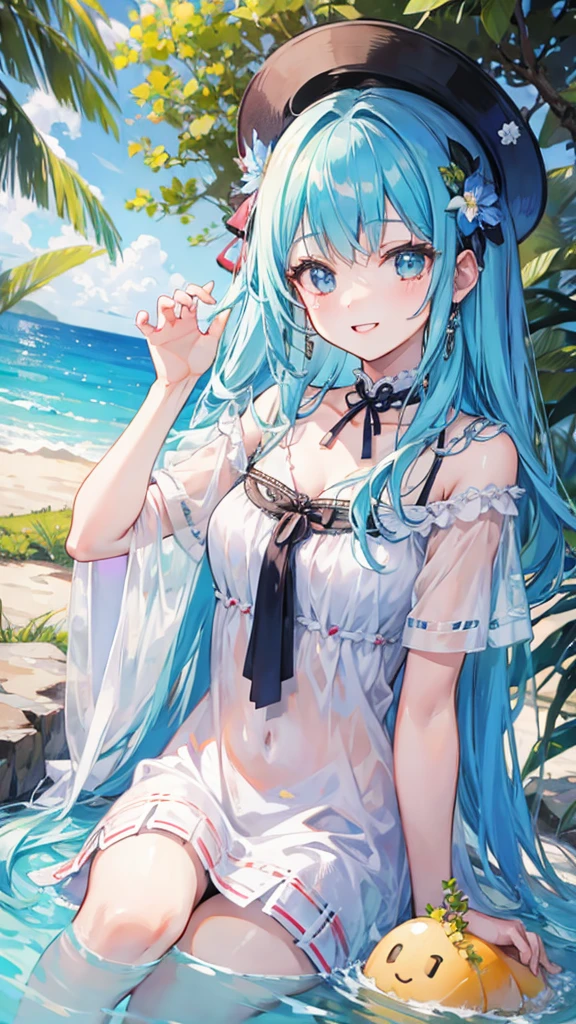 1girl in,Light Svert Medium Hair,Tying hair,Light blue eyes,Beach,Swimsuit,Cute,blush,medium breasts,cumulonimbus clouds,Best Quality++,Highest Quality++, Line,
