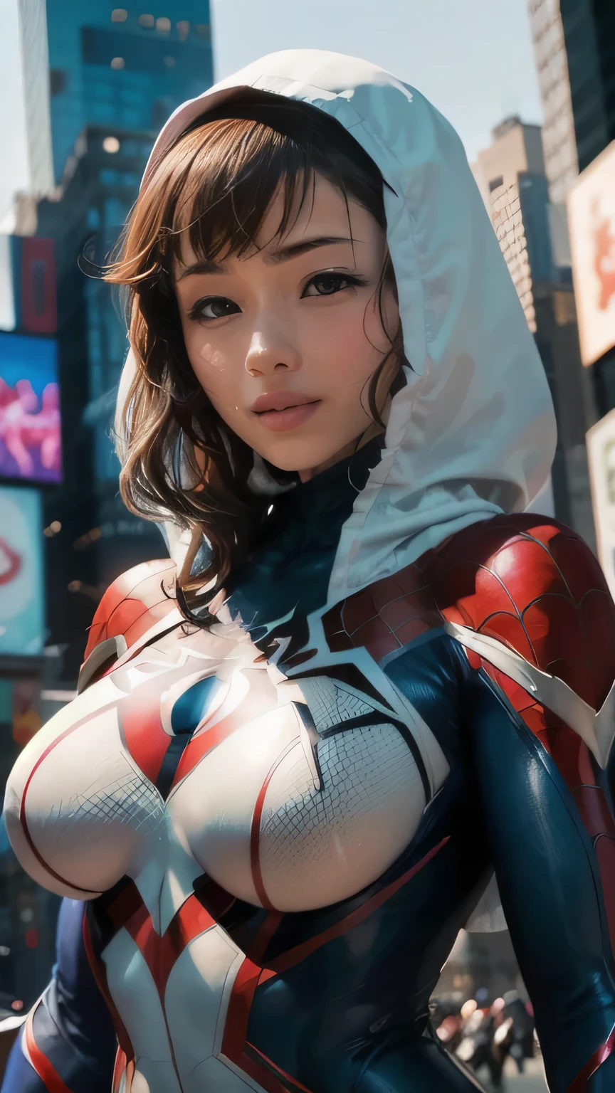 (masterpiece, 4K resolution, Ultra-realistic,  several people having fun with each other while having very detailed ), ( white costume superhero theme, Charisma, 1 woman, Japanese actress Ishihara Satomi with big breasts ,  Times Square in New York,  Spider Gwen（Spider-Gwen  spider-man  costume,  superheroine ), [((23 years old), ( Semi-long brown hair:1.2), whole body, ( blue eyes:1.2), ( spider-man &#39; Dynamic Pose ) ((insufficient々New urban environment):0.8)| (cityscape, At night,  Dynamic Light ), (full moon))],  big enough to stick out of the body ,  tight waist with abs , Big round butt ,  erect bink nipples ,  Beautiful Pink Pussy ,  has a beautiful well-balanced body line,  high angle,  full shot , I'm wearing a costume from the neck down ,  ultra-thin costume that shows the shape of nipples, boobs, and pussy, コスチュームの胸には spider-man と同じ蜘蛛のマークがある, She is posing to show off her big breasts ,  natural light illuminating her whole body from the front , Portrait of her whole body ,   focus from chest to face , Beautiful smile, Anatomically correct , 