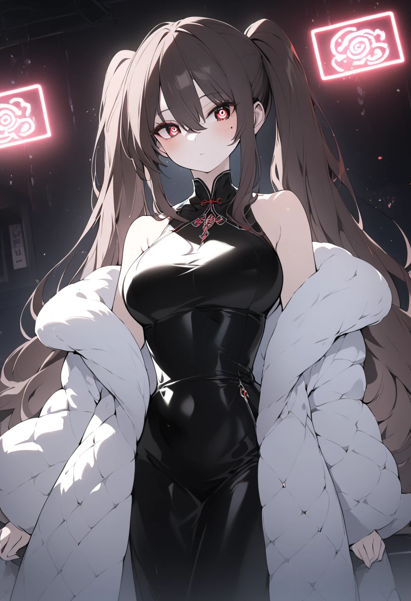 a gorgeous woman in a black leather long dress, off shoulder, wearing a white fur coat, beauty spots, sitting on a chair, in a night bar background, indoor, neon light, vibrant colors,  8k, high quality, cinematic lighting, dynamic pose, full body shot, hutao, long hair, bangs, brown hair, red eyes, hair between eyes, twintails, sidelocks, symbol-shaped pupils, whole body shot whole body, mature female ,mature female, whole body, large anime eyes, highly detailed eyes, natural skin, natural skin texture, subsurface scattering, muted colors, skin pores, score_9, score_8_up, score_7_up, (sfw), (cowboy shot, dutch angle:1.2), 1girl, solo, mature female
