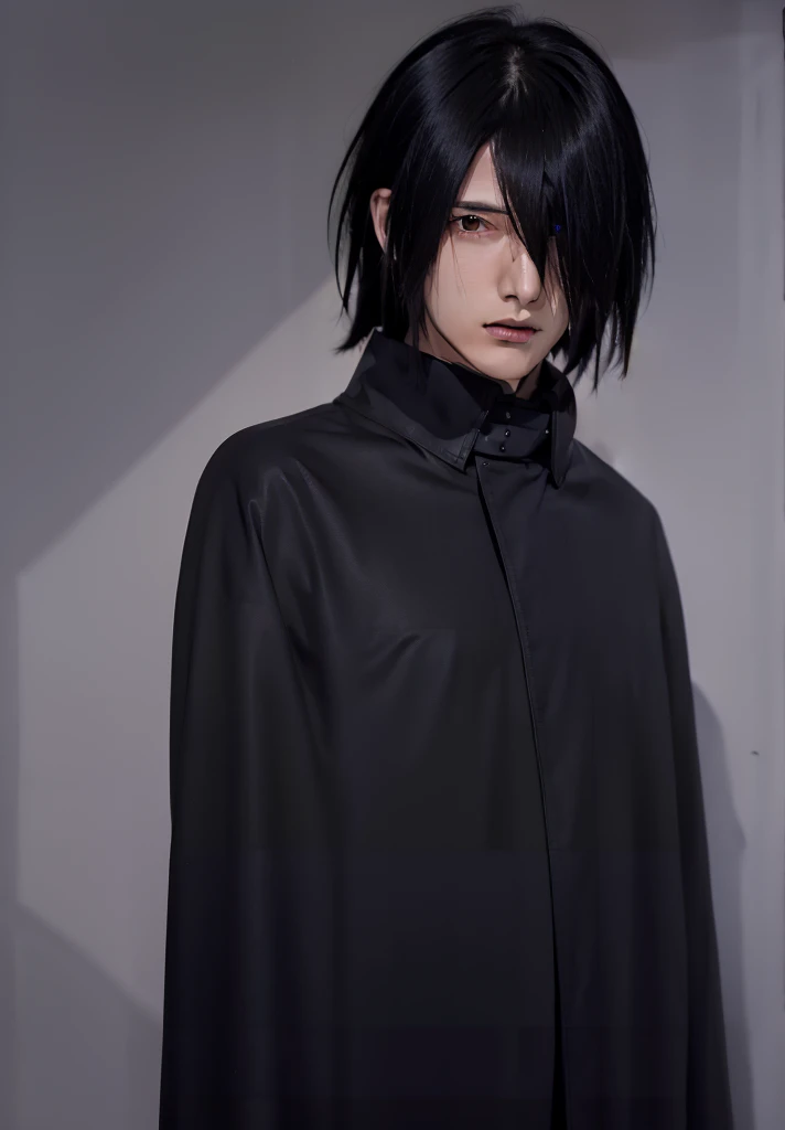 Sasuke, 1 boy, red eyes, grey shirt, black cloak, black hair