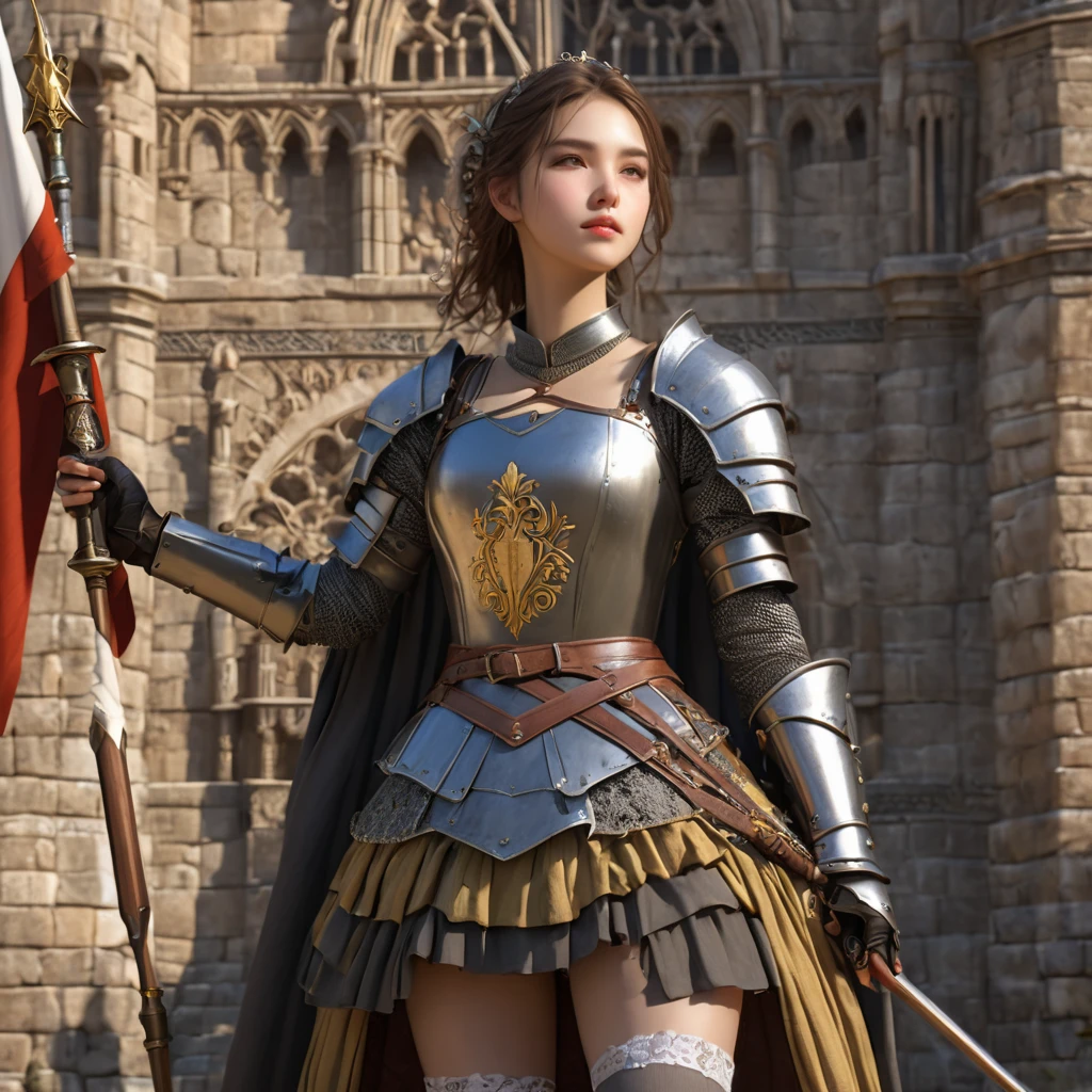 (   Highly Detailed CG Octane Rendering 8K Wallpaper ),   World's Most Beautiful Artwork  ,   Long Spear with a Flag , Complex,   high detail, ８ year old girls , Gold embroidery,  Medieval Long Cotton Dress （With panniers）, cotton cloth,   raise skirt  , Strong winds, Transparent slip, Translucent Tights  , Peeking from below, Best Quality, Disarray of clothing,   lies down, underwear,   show off your thighs, knight , Skirt lining, Bloomers、Leather Armor、 with a flag attached to a long spear 
