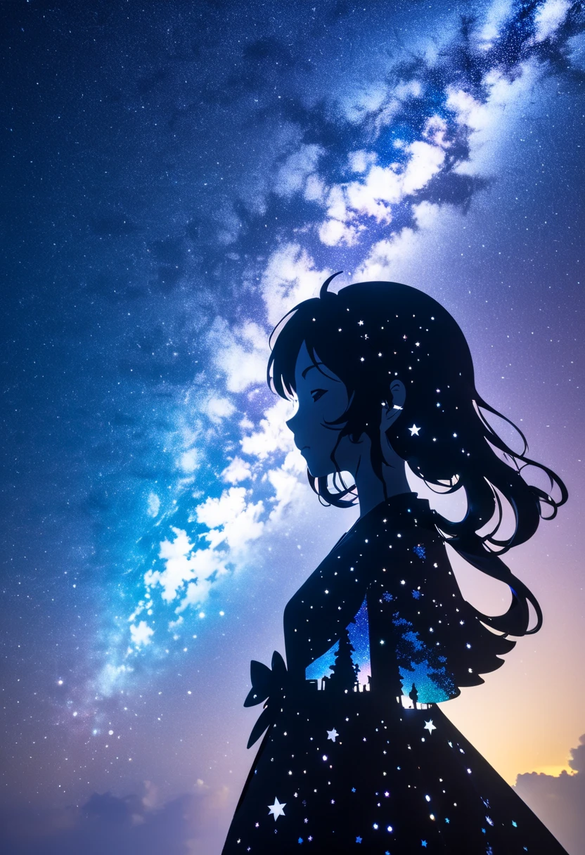  mate piece, silhouette, Milky Way, Orihime's, close-up, profile, monotony, moon, double exposure, Milky Way, Tanabata decoration, depth of field, (holographic glow effect), from below, low angle shot, masterpiece,