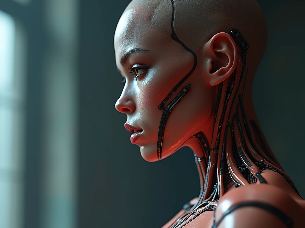 Create a high-resolution, detailed profile picture of a male cyborg humanoid from the shoulders up. The cyborg should feature an intricate, futuristic design with a predominantly red color scheme, incorporating glowing circuitry, metallic surfaces, and expressive features that blend human and robotic elements. Include visible cables, high-tech components, and subtle glowing lights to highlight the advanced technology. The background should enhance the cyborg's appearance with ethereal and atmospheric elements, such as cosmic patterns, abstract sound waves, and soft, immersive lighting. Use a color palette of deep reds, along with accents of deep blues, purples, and shimmering silvers to create a visually striking and mystical ambiance. Ensure the cyborg is the focal point with a detailed and impactful design, while the background complements and enhances the overall sense of wonder and immersion