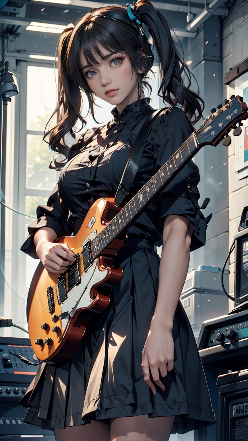 ((masterpiece, Best Quality)) 1 girl, Alone,  black dress,  blue eyes, electric guitar, guitar,  headphones,  twin tails, holding,  picks, With instruments, Long Hair, music,  One side up,  I have teal hair  ,  twin tails, guitarを弾く,  Pleated Skirts,  black shirt, interior