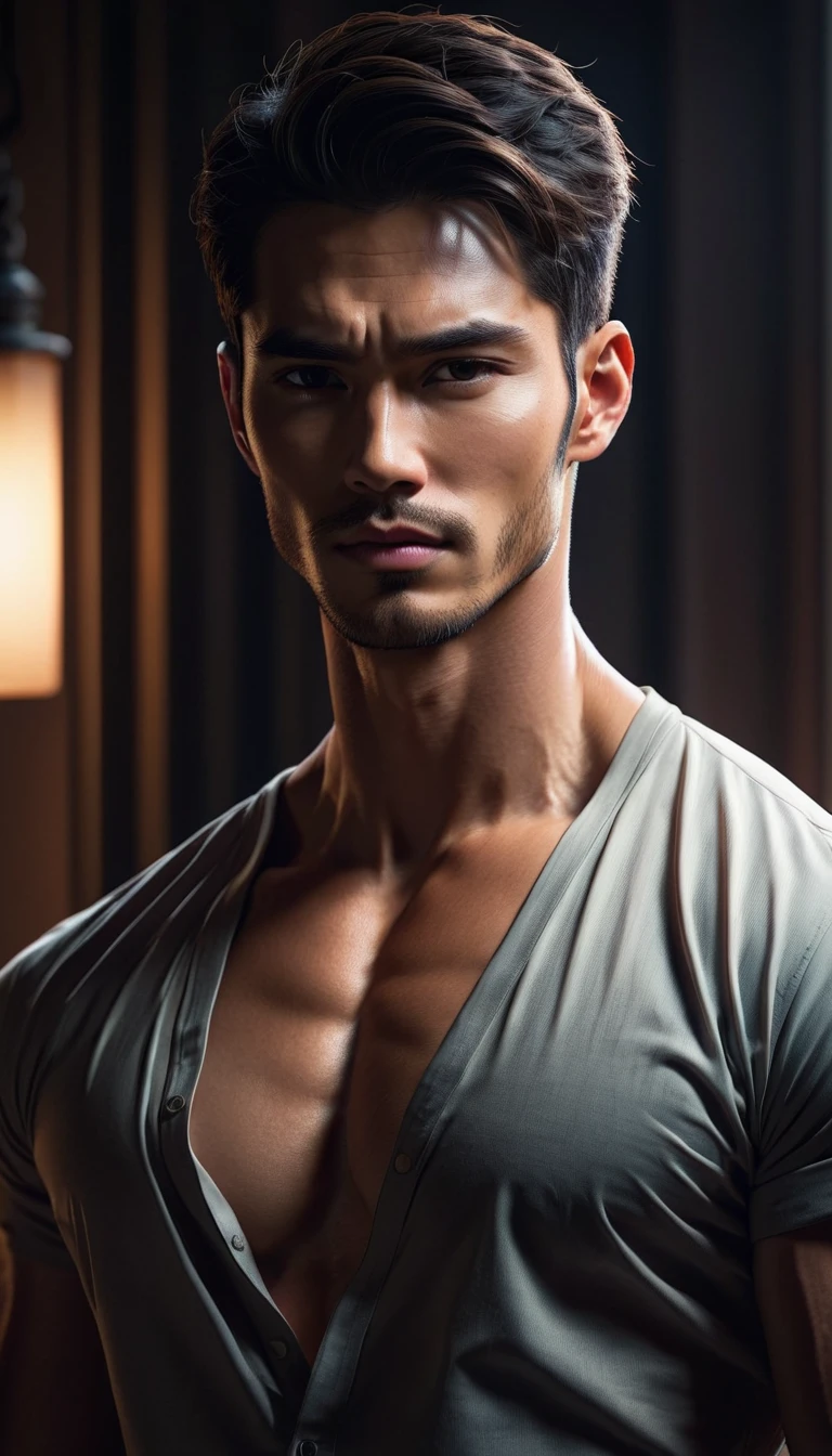 (8K, RAW photo, Highest quality), Realistic, Japanese man, frontage, Intricate details, Closed mouth, Extremely detailed eyes and eyelashes,Muscular male, Manly,l ooks away, Male focus, Solo, Open the transparent robe,Exposing the pectoral muscles,Exposing abs, full bodyesbian, Night sky, Soft lighting, Cinematic lighting, Portrait, Close-up, Lovingly