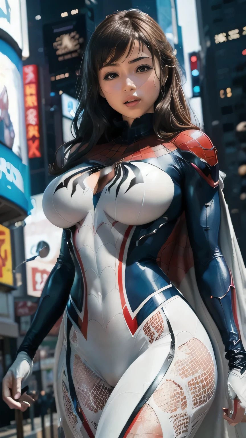 (masterpiece, 4K resolution, Ultra-realistic,  several people having fun with each other while having very detailed ), ( white costume superhero theme, Charisma, 1 woman, Japanese actress Ishihara Satomi with big breasts ,  Times Square in New York,  Spider Gwen（Spider-Gwen  spider-man  costume,  superheroine ), [((23 years old), ( Semi-long brown hair:1.2), whole body, ( blue eyes:1.2), ( spider-man &#39; Dynamic Pose ) ((insufficient々New urban environment):0.8)| (cityscape, At night,  Dynamic Light ), (full moon))], Big, round breasts that stick out of the body ,  tight waist with abs , Big round butt ,  erect bink nipples ,  Beautiful Pink Pussy ,  has a beautiful well-balanced body line,  high angle,  full shot , I'm wearing a costume from the neck down ,  ultra-thin costume that shows the shape of nipples, boobs, and pussy, コスチュームの胸には spider-man と同じ蜘蛛のマークがある, She is posing to show off her big breasts ,  natural light illuminating her whole body from the front , Portrait of her whole body ,   focus from chest to face , Beautiful smile, Anatomically correct , 