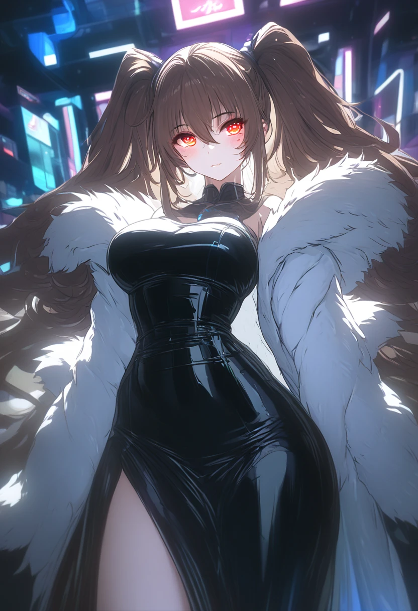 a gorgeous woman in a black leather long dress, off shoulder, wearing a white fur coat, beauty spots, sitting on a chair, in a night bar background, indoor, neon light, vibrant colors, 8k, high quality, cinematic lighting, dynamic pose, full body shot, hutao, long hair, bangs, brown hair, red eyes, hair between eyes, twintails, sidelocks, symbol-shaped pupils, whole body shot whole body, mature female ,mature female, whole body, large anime eyes, highly detailed eyes, natural skin, natural skin texture, subsurface scattering, muted colors, skin pores, score_9, score_8_up, score_7_up, (sfw), (cowboy shot, dutch angle:1.2), 1girl, solo, mature female
