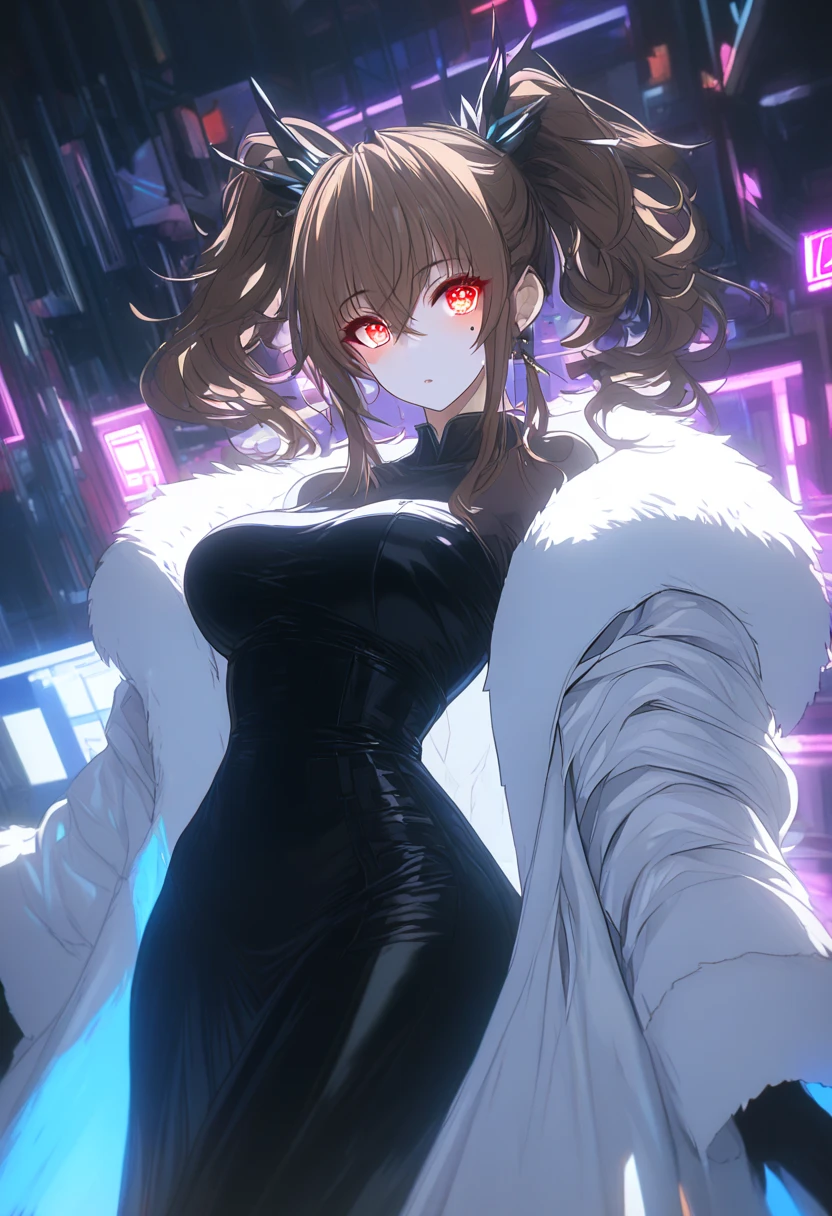 a gorgeous woman in a black leather long dress, off shoulder, wearing a white fur coat, beauty spots, sitting on a chair, in a night bar background, indoor, neon light, vibrant colors, 8k, high quality, cinematic lighting, dynamic pose, full body shot, hutao, long hair, bangs, brown hair, red eyes, hair between eyes, twintails, sidelocks, symbol-shaped pupils, whole body shot whole body, mature female ,mature female, whole body, large anime eyes, highly detailed eyes, natural skin, natural skin texture, subsurface scattering, muted colors, skin pores, score_9, score_8_up, score_7_up, (sfw), (cowboy shot, dutch angle:1.2), 1girl, solo, mature female
