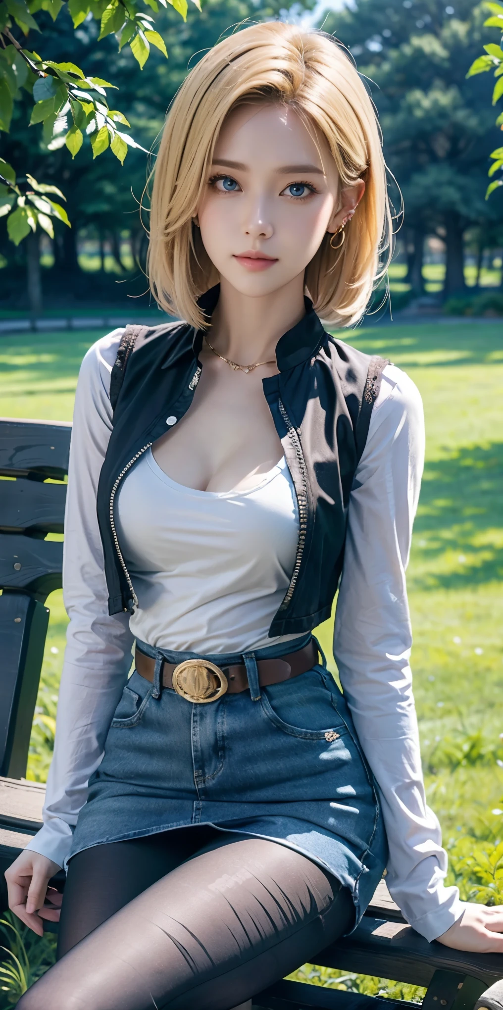 Android 18, Light Blonde hair, Medium Bob hair, Loght Blue eyes, Wearing earrings, Long sleeves with black thin stripes on a white background, Blue denim mini vest, Blue denim mini skirt, The denim skirt's zipper seam line and stitching run vertically straight to the bottom of the Denim mini skirt, Black T-shirt with high cleavage, Large breasts, Women's Western Cowgirl Belt, Dark brown see-through pantyhose, Western short boots, Looking at viewer, Slight smiling with closed lips sitting, She Sit On a bench, she spreads her legs to both sides ,Blue sky, sit on a bench, outside, park, grass, Summer, trees, blue sky, high quality, masterpiece,