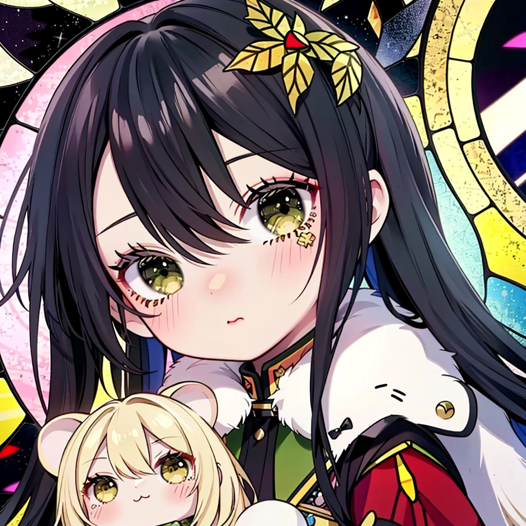 (Chibi:1.), girl,( Smooth Long Hair :1.2),( colorful and glamorous atmosphere like stained glass:1.25),(Outfits inspired by military uniforms :1.25),( Face Closeup :1.35),Cute stuffed animal:1.3),