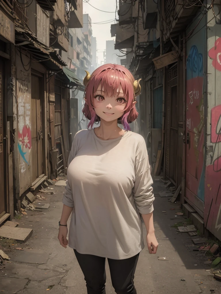 (​masterpiece, top-quality, hight resolution, Unity 8k, extremely details CG:1, Best Picture), ((seductive smile)), ilulu, horn, A woman standing in a gritty, urban slum setting. She wears casual clothing, slightly worn, with a thoughtful expression on her face. Background shows narrow alleys, weathered buildings, and graffiti on walls, dimly lit by nearby streetlights. The atmosphere is realistic, capturing the rough texture of the surroundings. Focus on her strong, resilient presence, as she stands alone in the scene.