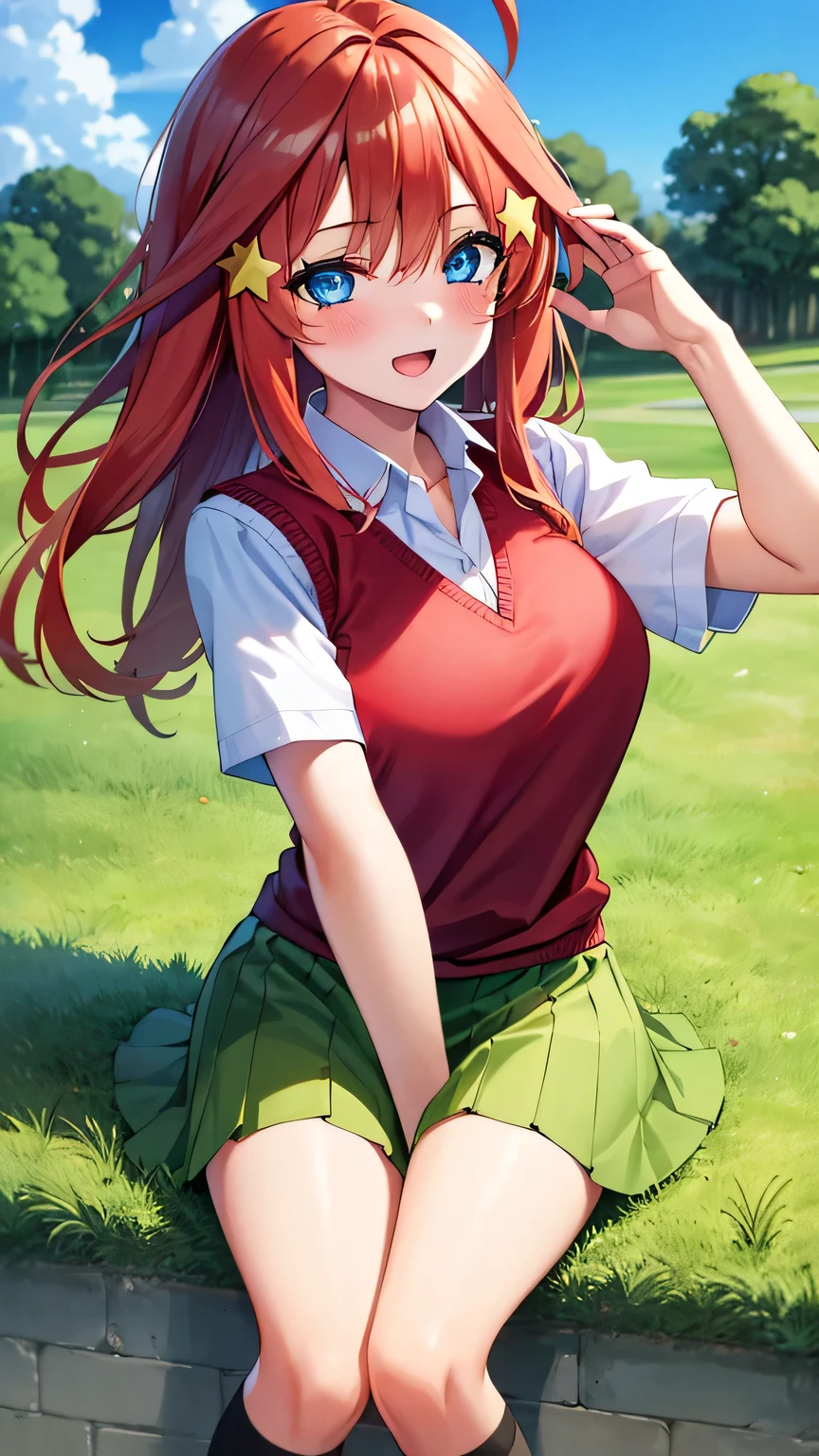 {{{masterpiece}}}, (best quality:1.5), (ultra-detailed:1.5), {illustration}, {{an extremely delicate and beautiful}}, (beautiful detailed eyes:1.6), absurdres, highres, extremely detailed face, 16k, hd, visual anime de uma jovem mulher, extremamente bonito rosto de anime, anime melhor garota, (perfect hands, perfect anatomy), anime face, itsuki nakano(Gotoubun no Hanayome), aaitsuki, 1girl, solo, cute face, long hair, red hair, bangs, hair between eyes, ahoge, star \(symbol\), hair ornament, star hair ornament, sidelocks, black pupils, blue eyes, flushed cheeks, large breasts, thin waist, big hips, curvaceous, BREAK, {school uniform}, black jacket, long sleeves, (open jacket:1.2), sleeveless sweater(tuck out), (red sweater vest:1.5), collarbone, white shirt, short sleeves, collared shirt, pleated skirt, mini skirt, (green skirt:1.5), kneehighs, white socks, BREAK, INCOMING HUG, INCOMING KISS, blush, sorriso alegre, open mouth, visual anime de uma jovem mulher, extremamente bonito rosto de anime, anime melhor garota, sorriso astuto, outdoor, sky, daytime, forest, field