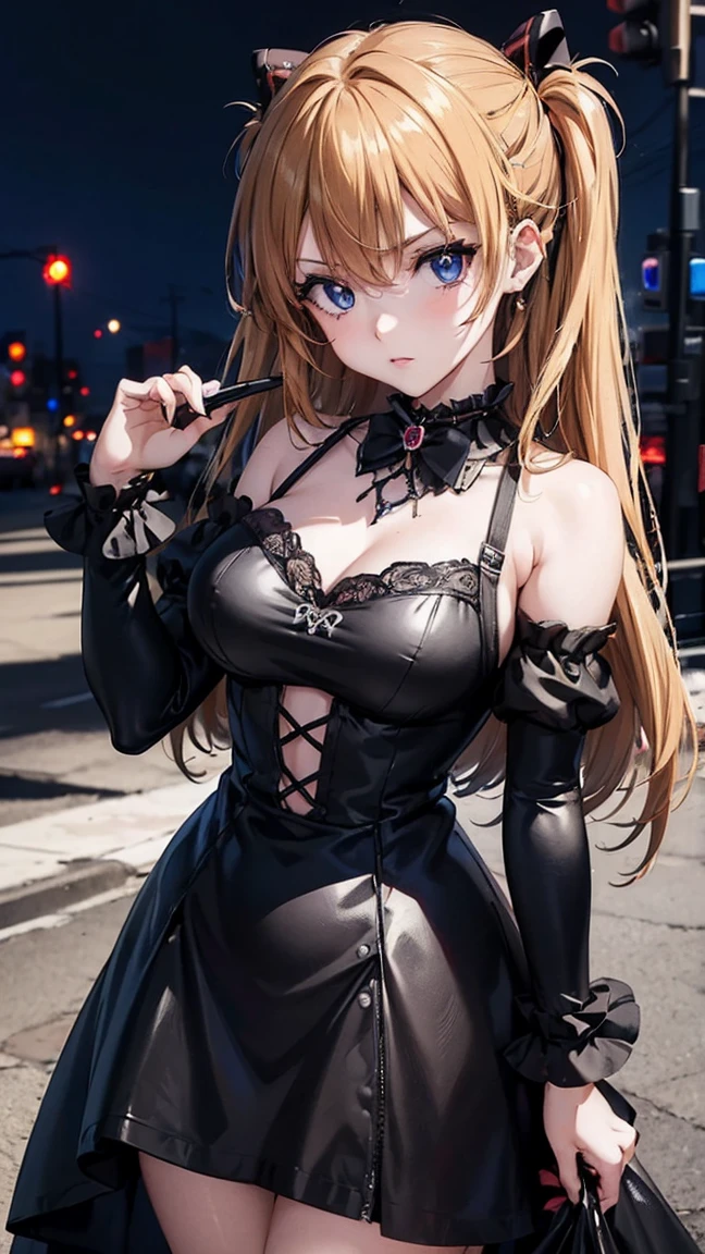 (Best Quality,masterpiece:1.2),(Anime Style,Comical noir style:1.1), 1 girl , Cute Style ,Adorable, very detailed eyes, face with extra detail, very fine hair ,8k,resolution, Gothic Dress,Gothic Punk