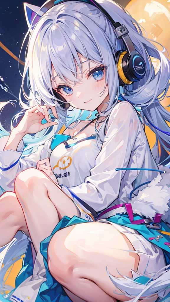 (highest quality)、(masterpiece:1.2)、(colorful:0.9)、(color scattering)、sharp focuodel shot, High resolution, ) ((highest quality)), (Super detailed), (beautiful), alone, beautiful face、(Detailed beautiful nude woman sitting on a fluffy cloud, in the night sky with twinkling stars and a beautiful glowing moon, listening to music with headphones on and happily closing her eyes:1.3)、(Colorful long shiny messy hair:1.2),colorful eyes,dramatic、pastel colour