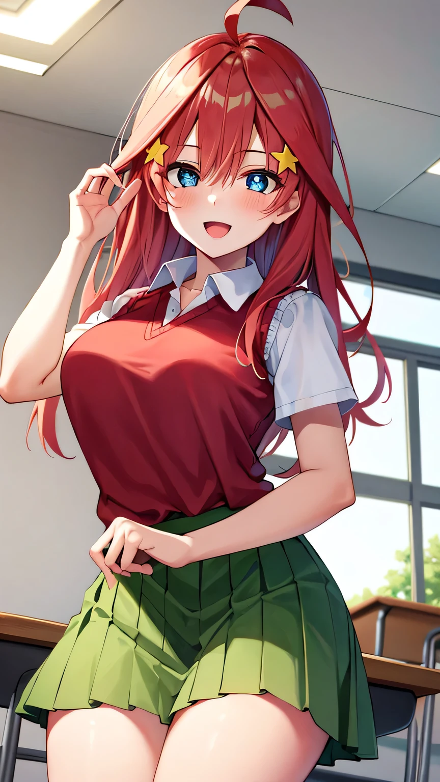 {{{masterpiece}}}, (best quality:1.5), (ultra-detailed:1.5), {illustration}, {{an extremely delicate and beautiful}}, (beautiful detailed eyes:1.6), absurdres, highres, extremely detailed face, 16k, hd, visual anime de uma jovem mulher, extremamente bonito rosto de anime, anime melhor garota, (perfect hands, perfect anatomy), anime face, itsuki nakano(Gotoubun no Hanayome), aaitsuki, 1girl, solo, cute face, long hair, red hair, bangs, hair between eyes, ahoge, star \(symbol\), hair ornament, star hair ornament, sidelocks, black pupils, blue eyes, flushed cheeks, large breasts, thin waist, big hips, curvaceous, BREAK, {school uniform}, black jacket, long sleeves, (open jacket:1.2), sleeveless sweater(tuck out), (red sweater vest:1.5), collarbone, white shirt, short sleeves, collared shirt, pleated skirt, mini skirt, (green skirt:1.5), kneehighs, white socks, BREAK,1girl, cowboy shot, open mouth, kyoushitsu, classroom, indoors, school chair, school desk, chalkboard, window, ceiling light, curtains, smiling, peer in from below, looking at viewer, daytime, flushed cheeks