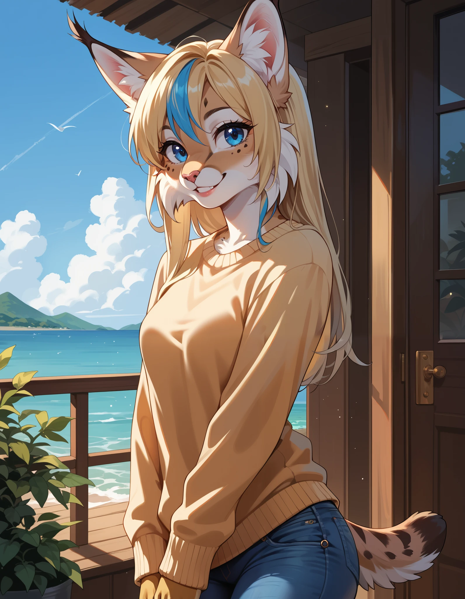 score_9,score_8_up,score_7_up,source_anime, 1girl, solo, digital_media_(artwork) hi_res,, beautiful, anthro, furry, female, furry female, detailed textured fur, fur tufts, lynx, slim, slender, small breasts, cute, sweater, denim jeans, multicolor hair, streaked hair, red blue blonde silver hair, blonde fur, beautiful blue eyes, smile, solo, 