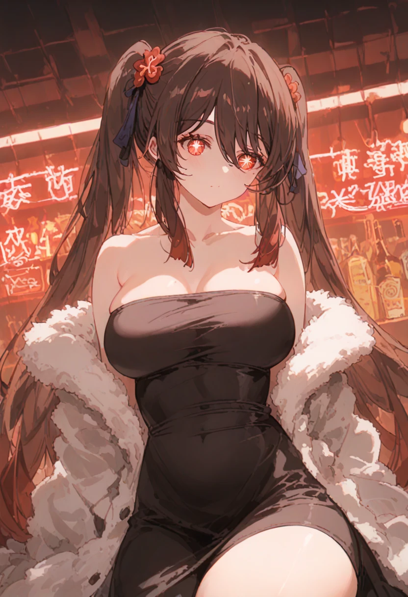 a gorgeous woman in a black leather long dress, off shoulder, wearing a white fur coat, beauty spots, sitting on a chair, in a night bar background, indoor, neon light, vibrant colors, 8k, high quality, cinematic lighting, dynamic pose, full body shot, hutao, long hair, bangs, brown hair, red eyes, hair between eyes, twintails, sidelocks, symbol-shaped pupils, whole body shot whole body, mature female ,mature female, whole body, large anime eyes, highly detailed eyes, natural skin, natural skin texture, subsurface scattering, muted colors, skin pores, score_9, score_8_up, score_7_up, (sfw), (cowboy shot, dutch angle:1.2), 1girl, solo, mature female
