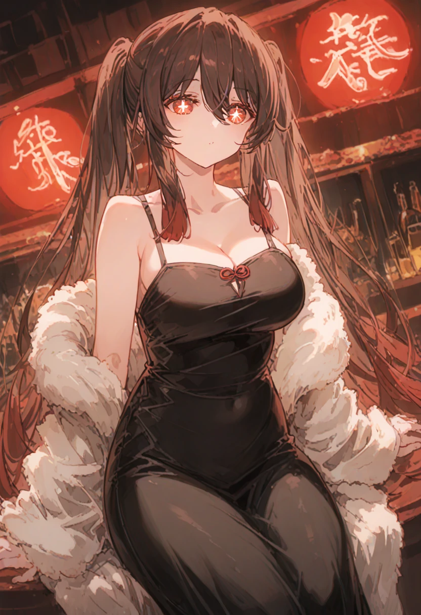 a gorgeous woman in a black leather long dress, off shoulder, wearing a white fur coat, beauty spots, sitting on a chair, in a night bar background, indoor, neon light, vibrant colors, 8k, high quality, cinematic lighting, dynamic pose, full body shot, hutao, long hair, bangs, brown hair, red eyes, hair between eyes, twintails, sidelocks, symbol-shaped pupils, whole body shot whole body, mature female ,mature female, whole body, large anime eyes, highly detailed eyes, natural skin, natural skin texture, subsurface scattering, muted colors, skin pores, score_9, score_8_up, score_7_up, (sfw), (cowboy shot, dutch angle:1.2), 1girl, solo, mature female
