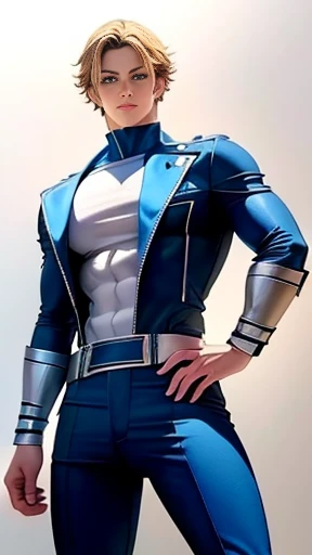 (High-definition CG), (Best Quality),   superhero with a beautiful body, Hero Costumes , Handsome and cool young man ,   Slim and Muscular  , The skin is brown,  blond hair, Frivolous